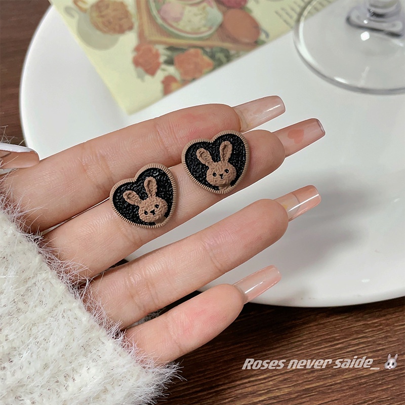 Anting Stud Desain Kelinci Warna Khaki Gaya Perancis Untuk Anak Perempuan