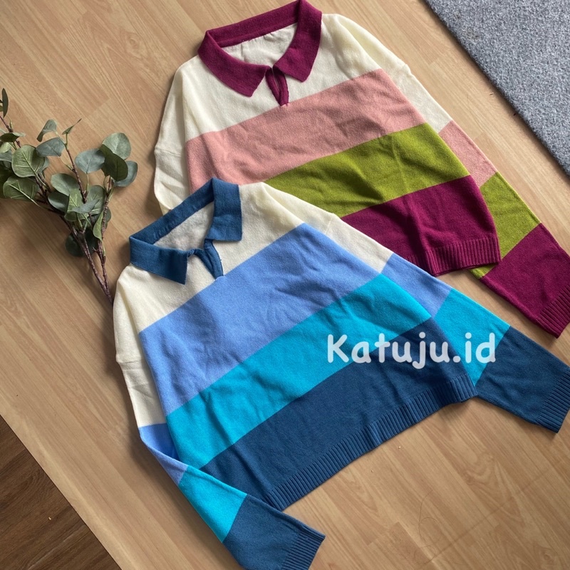 ATASAN RAJUT POLO PAULA KOMBINASI WARNA