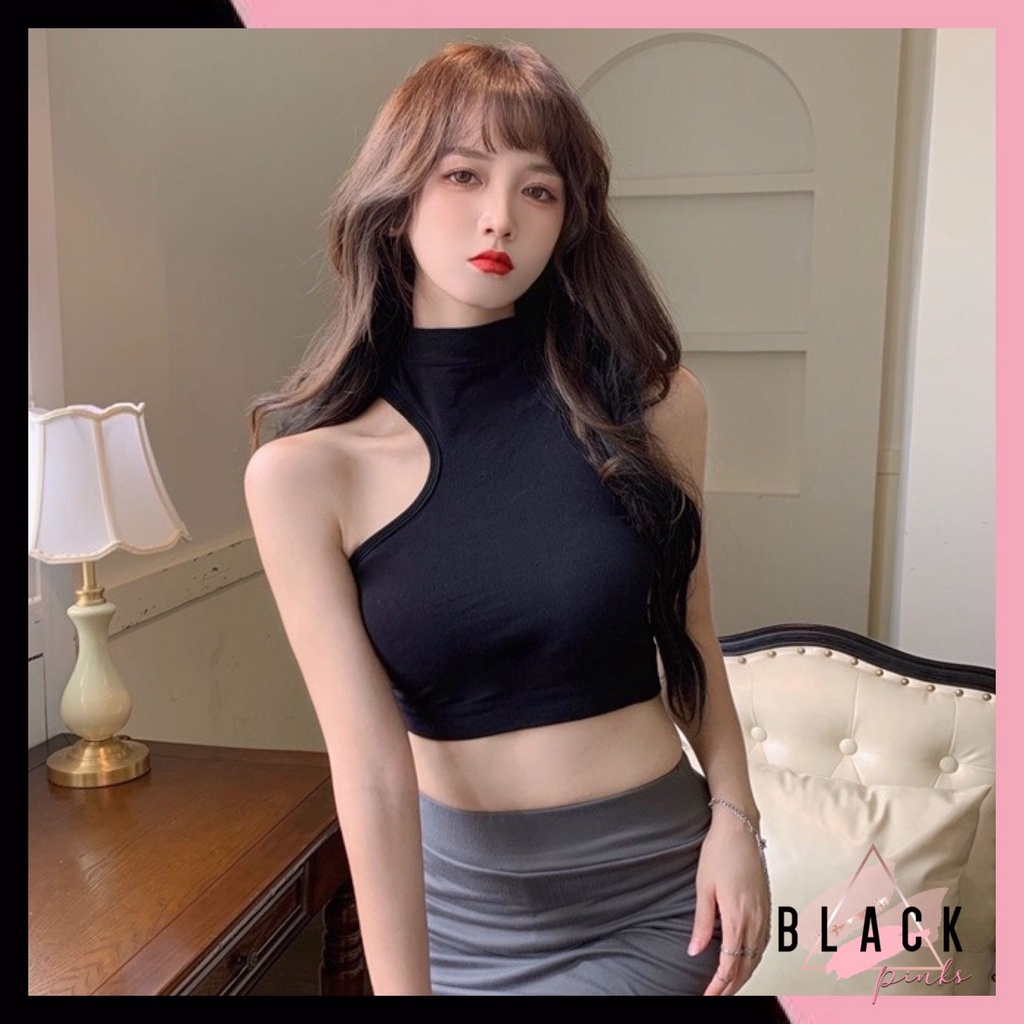 Blackpink Tanktop Wanita Dengan Bahu Miring Atasan Cewek Kamisol Skinny Fit 1204