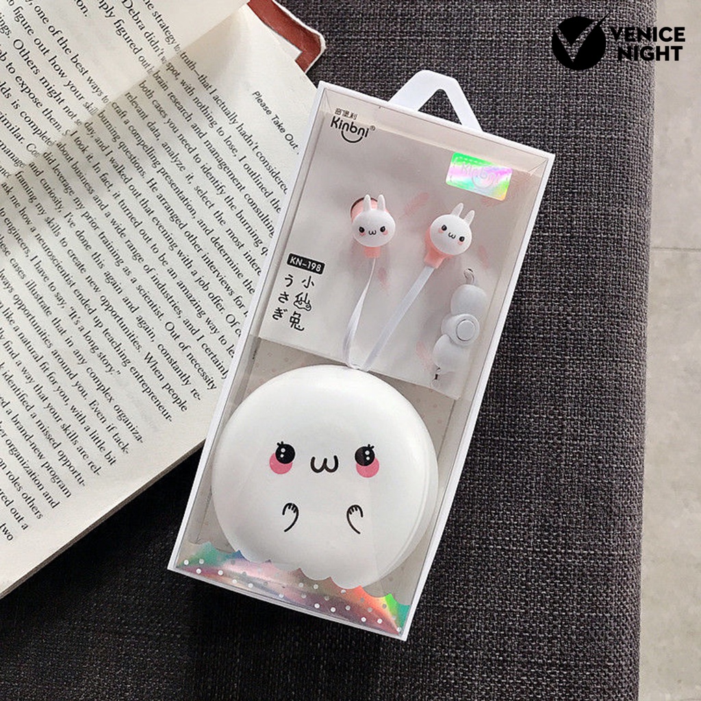 (VNEP) (Berkabel) Earphone In-ear 3D Stereo Surround Earbud Musik Kartun Lucu dengan Kotak Penyimpanan untuk Siswa