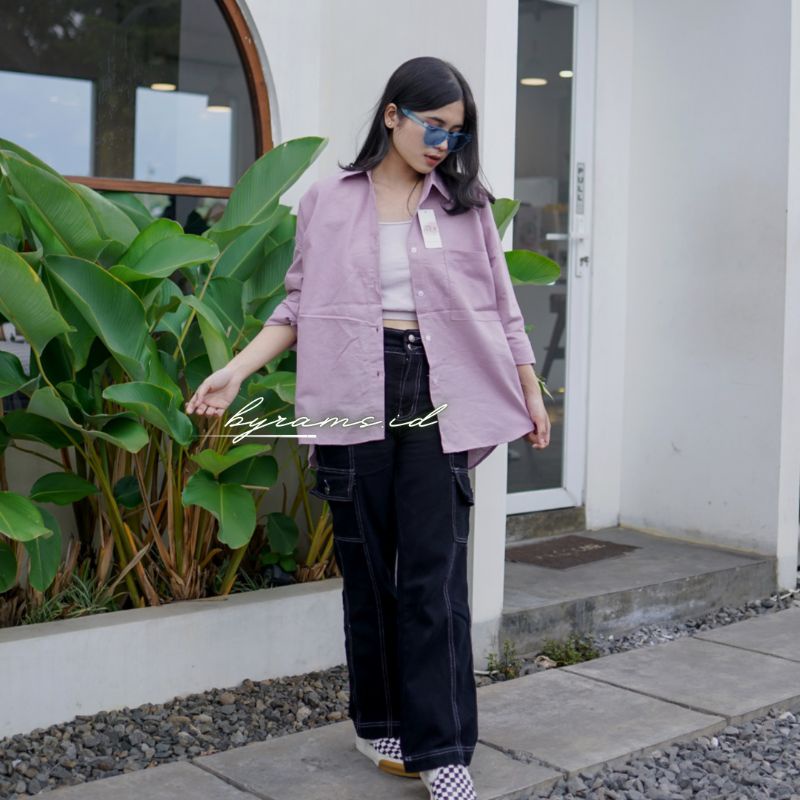 Kemeja Wanita Oversize Linen Olivia Shirt Linen Pocket Oversize-LAVENDER