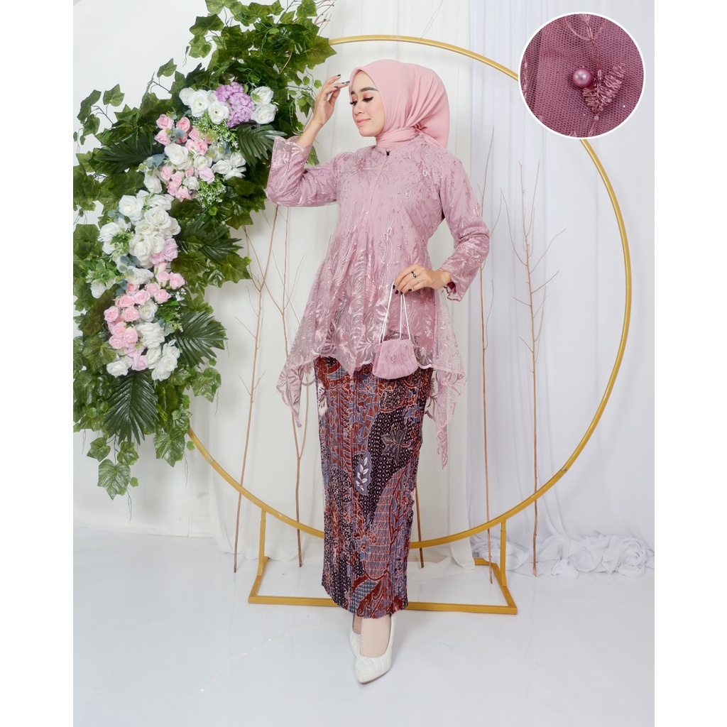 Permata Olshop / Setelan Kebaya Tunik Mauri Busui Modern / Kebaya Modern / Kebaya Wisuda / Kebaya Kondangan / Kebaya Pesta / Kebaya Tunik Brukat Tulle Modern / Kebaya Busui