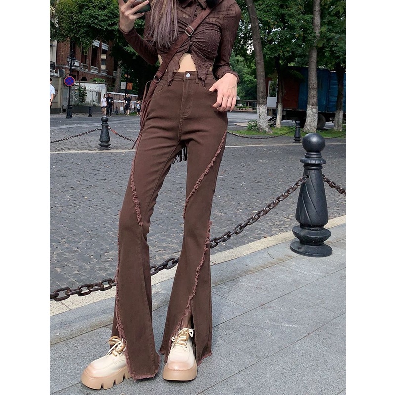 Suhao micro-flare versi Korea slim high-waisted wanita stretch micro-flare jeans celana panjang wanita all-match pelangsing kaki celana panjang trendi