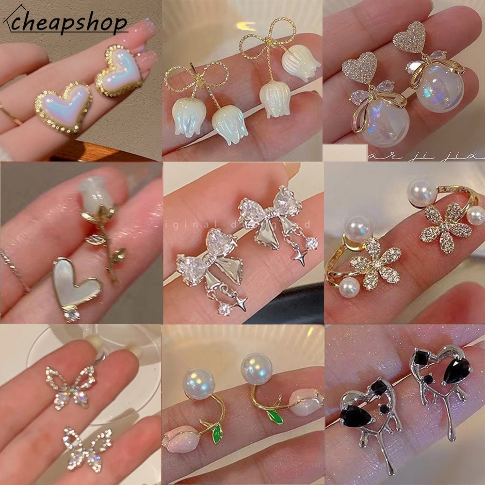 IFYOU Anting Stud Bentuk Hati Tulip Camellia Aksen Mutiara Gaya Vintage Untuk Wanita