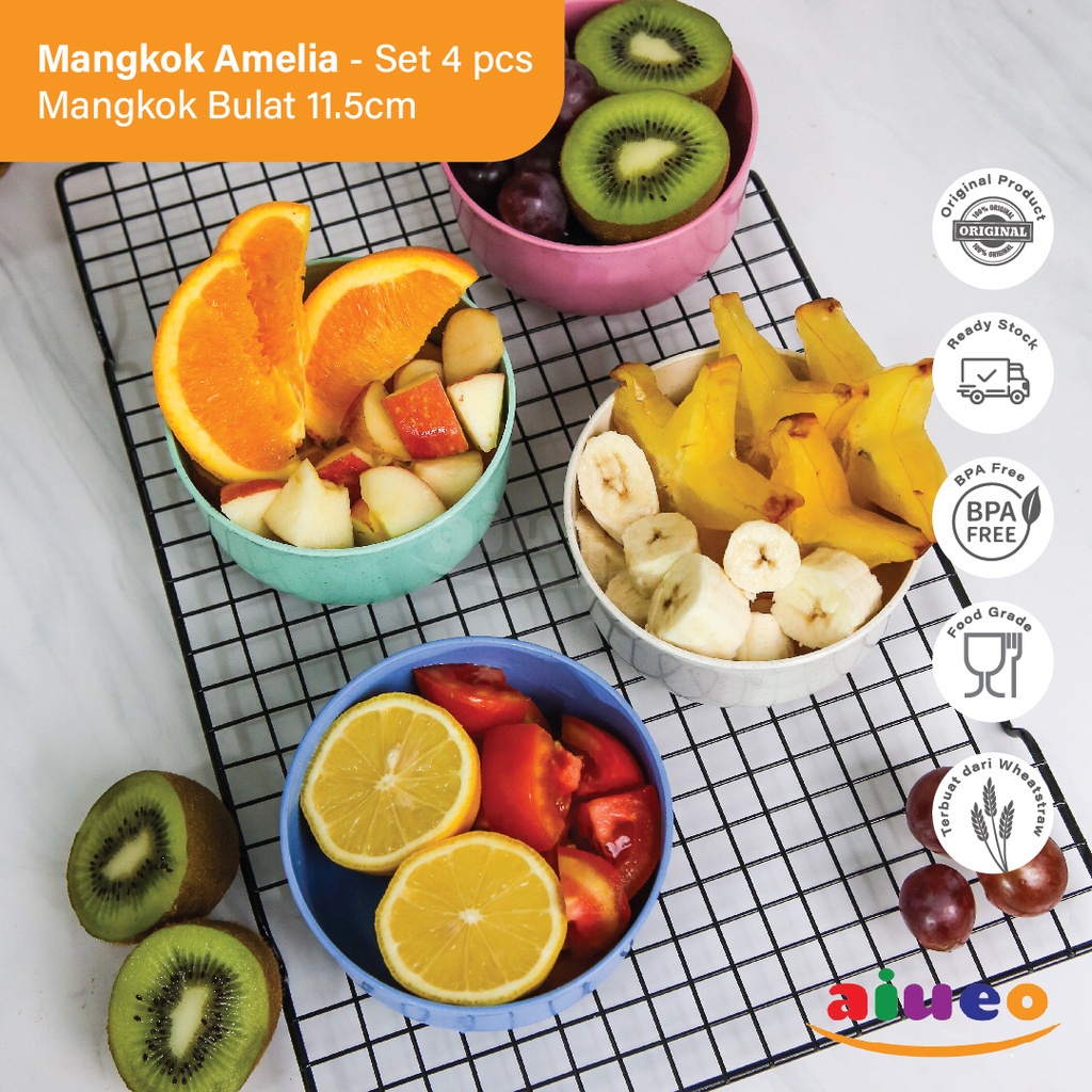 AIUEO Mangkok Bulat 11.5cm Wheat Straw / Mangkuk Makan Bowl Warna Warni Aesthetic Estetik Plastik