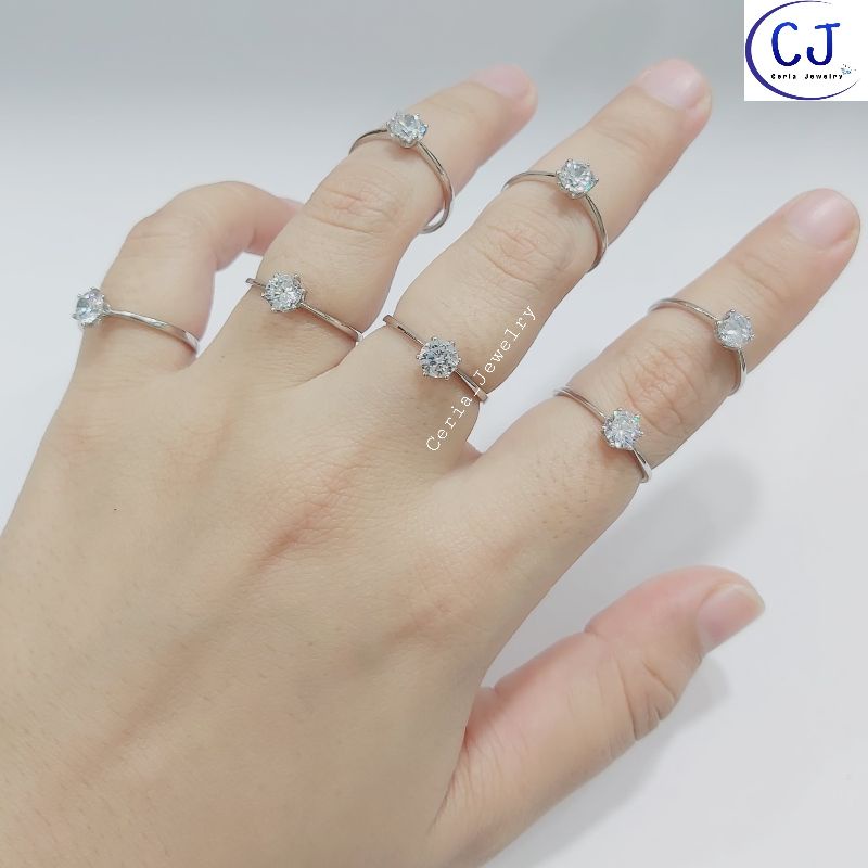 Cincin Perak Asli Silver Wanita 925 Lapis Emas Putih Model Desi , Soliter Permata - Perhiasan Perak Asli Silver