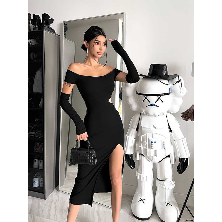 Suhao Gaya Eropa dan Amerika satu-leher keinginan murni gaun wanita 2022 musim panas gaya baru terkena celah pinggang hot girl slim celah tas pinggul rok