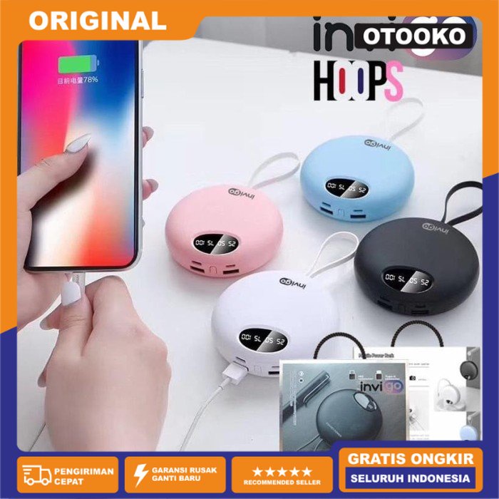 PowerBank Power Bank Invigo HOOPS Bulat 10.000mAH Ios &amp; Type C 2.4A - Merah Muda