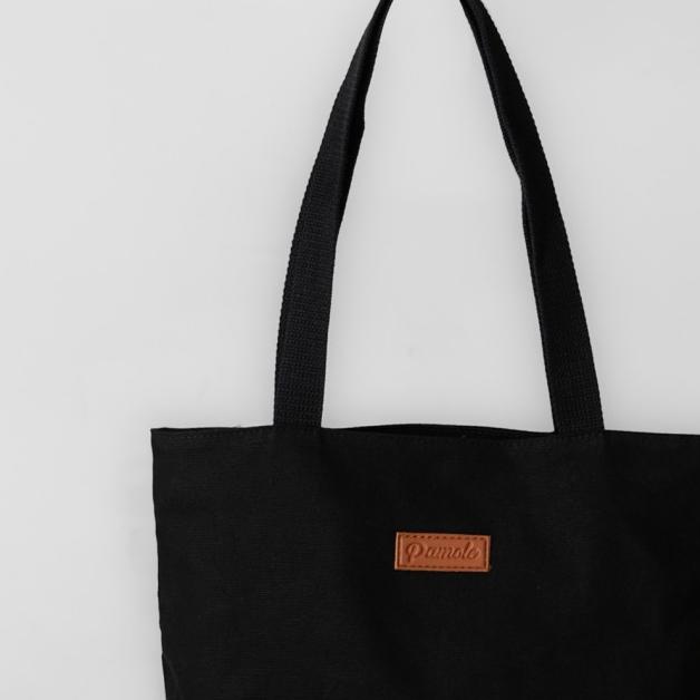 Pamole - One Pocket Tote Bag Kanvas Penutup Resleting Kombinasi Kulit