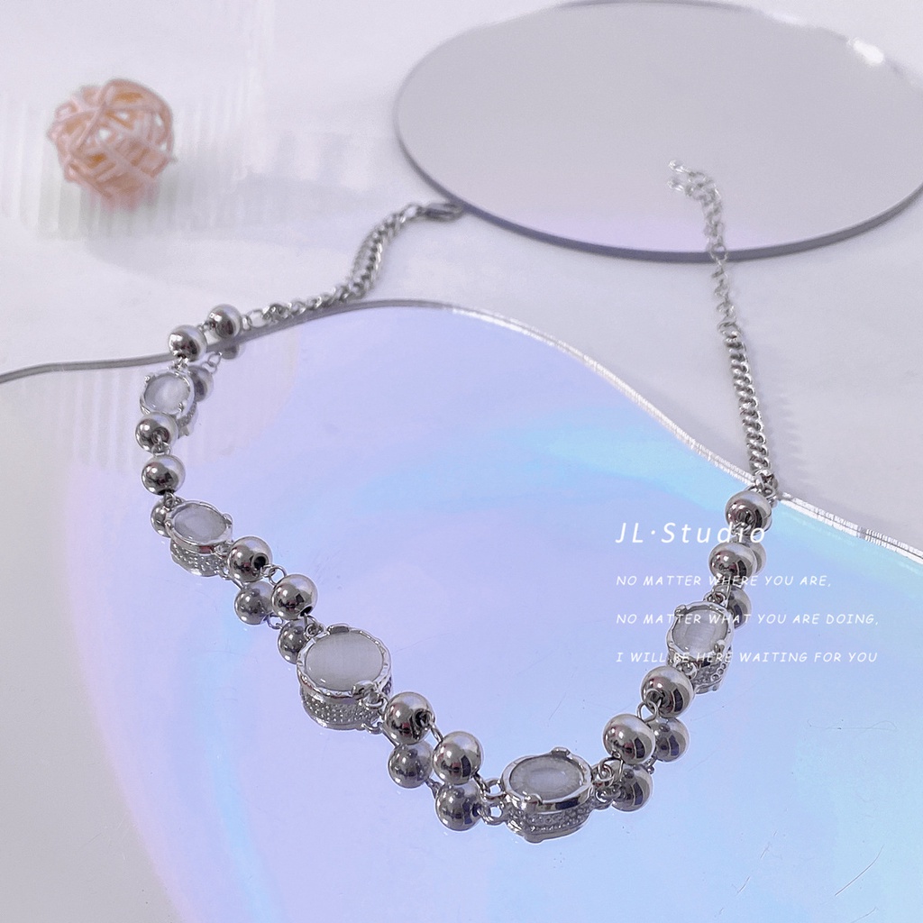 Kalung Choker Rantai Klavikula Hias Manik-Manik Permata Warna Silver Untuk Wanita