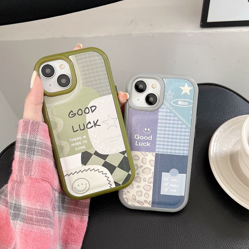 Leather Case HP IPhone 11 12 13 14 Pro Max 14 Plus iPhone XR XS Max Case iPHONE 13 Good Lucky Grid smiling face Cover Girl Women Pretty Ins Casing