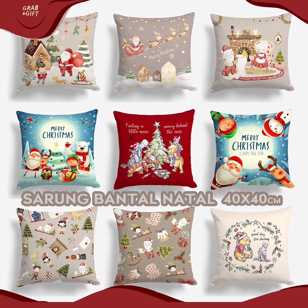 SARUNG Bantal Sofa Print Motif Natal Merry Christmas Pooh Holiday 40x40 cm