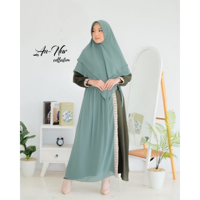 Gamis Marwah Annur set Khimar syari Itycrepe premium mix Ceruty babydoll Renda cantik ootd fashion wanita masa kini