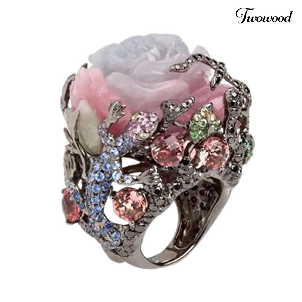 Cincin Motif Bunga Peony Lizard Aksen Berlian Imitasi Untuk Wanita