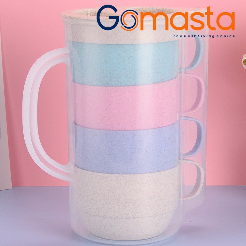 Murah Lebay GO-G02 Teko Jus Air Teh Kopi Wadah Plastik Bahan Jerami dengan 4 cangkir BPA FREE