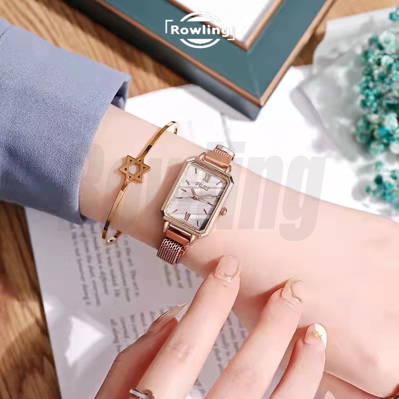 Rowling (Jam-81) Jam Tangan Analog Kotak Strap Stainless Steel  Gesper Magnet Untuk Wanita Import TANPA ACCESORIS