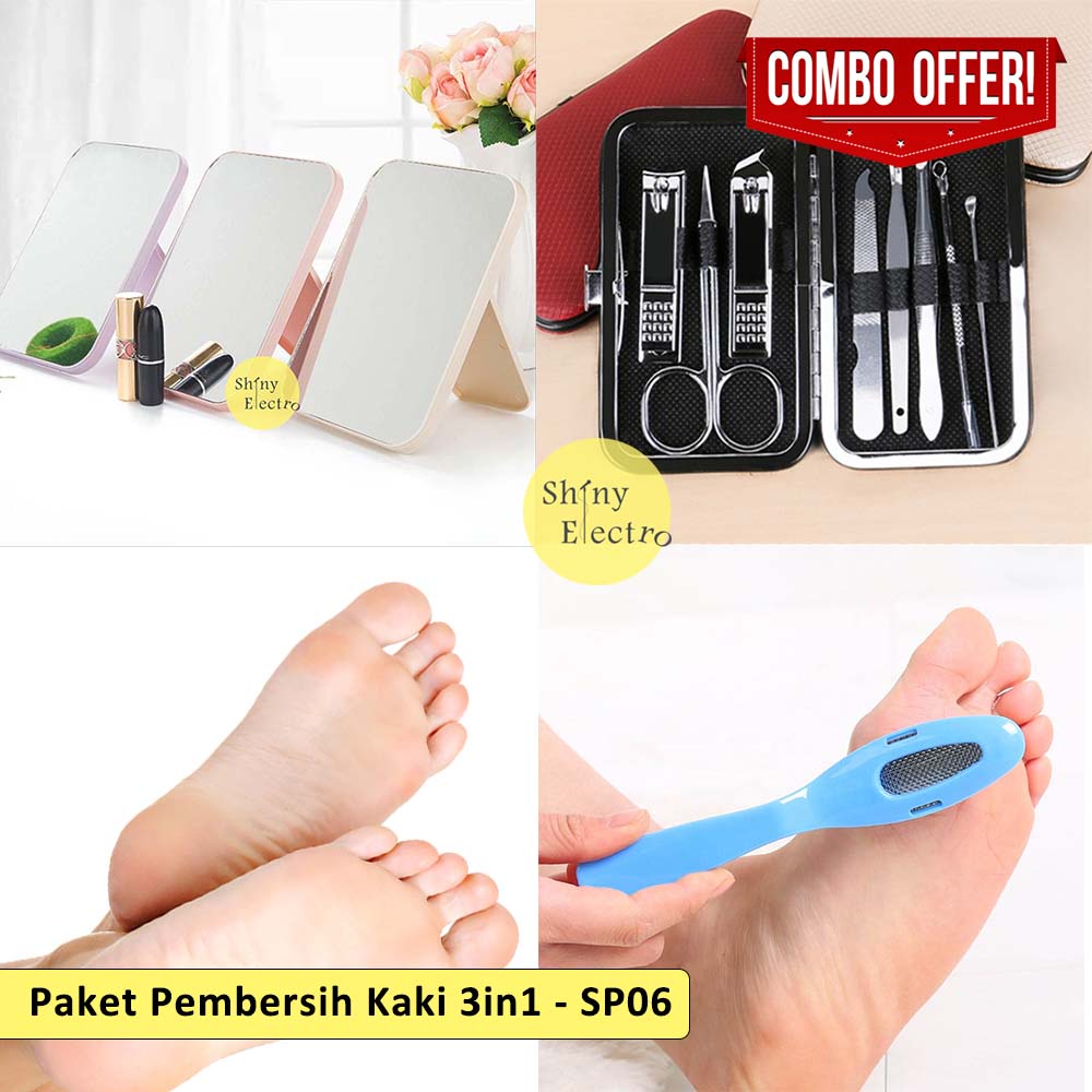 Alat Meni Pedi 8in1 + Kaca Meja Rias Make Up Skincare + Penggosok Gosokan 2in1 Tumit Kaki Roobing Sc