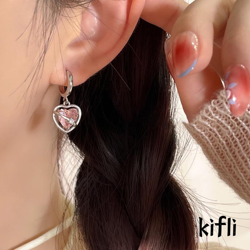 Set Anting Tusuk + Kalung Rantai Liontin Hati Warna Pink Untuk Wanita