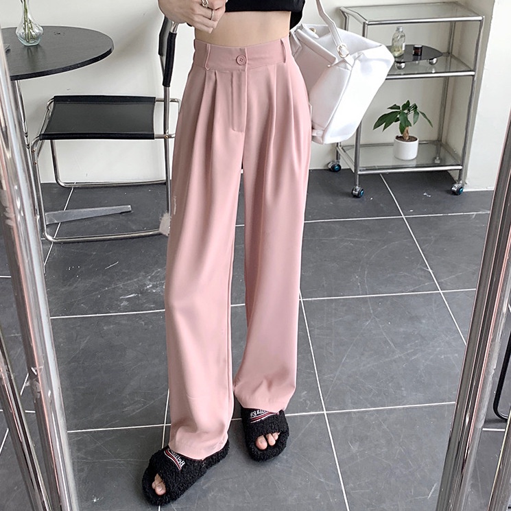 High Waist Drape Simple Longgar Lurus Kasual Celana Untuk Wanita 3 Warna