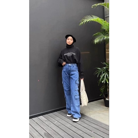 (27-30) DEEP SNOWBLUE HW DOUBLE CARGO LOOSE JEANS / DARK SNOWBLUE HW DOUBLE CARGO LOOSE JEANS / CELANA HIGHWAIST CARGO KANTONG DUA LOOSE JEANS WANITA CEWEK