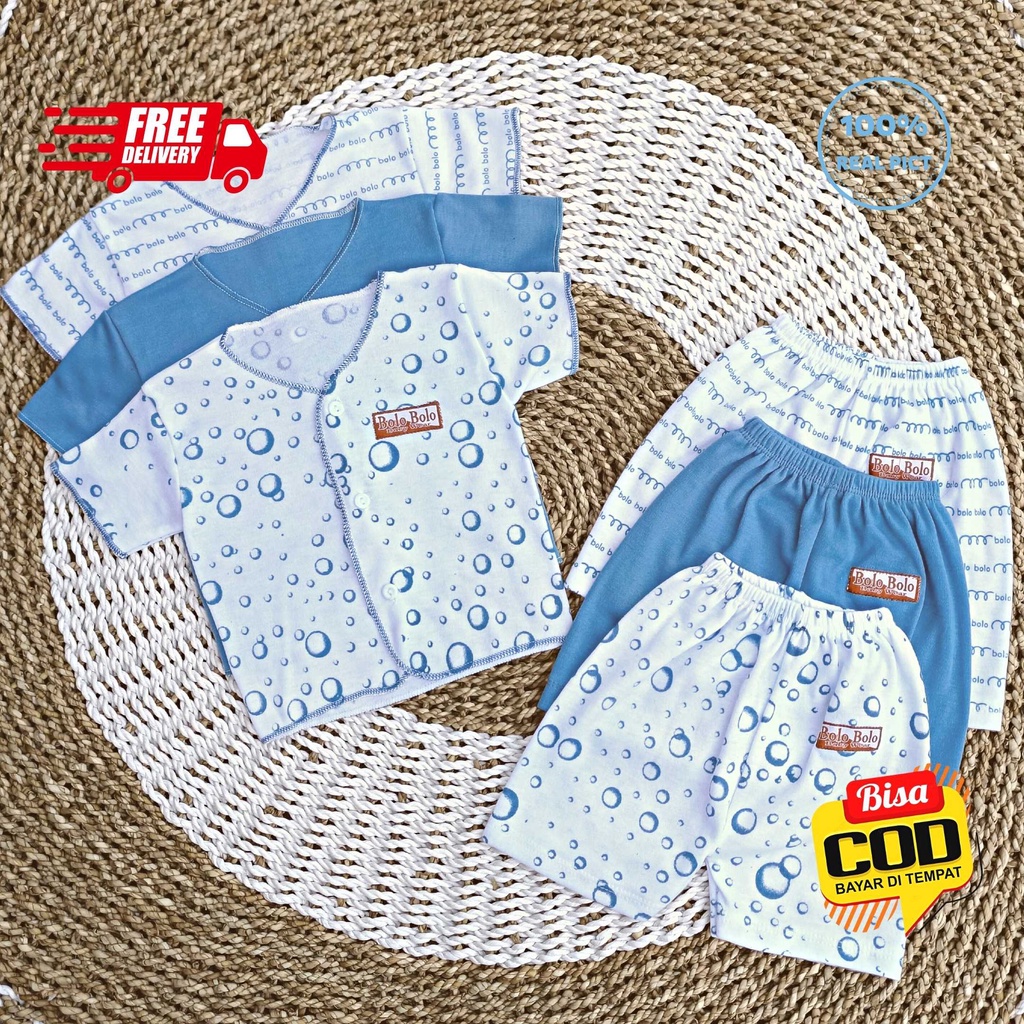 SALE 7.7 Serian Biru - 3 Stel Setelan Baju Bayi Tangan Pendek Celana Pendek Bayi 0 sd 3 Bulan BLUE SEA SERIES merk SNI Bolo - Bolo