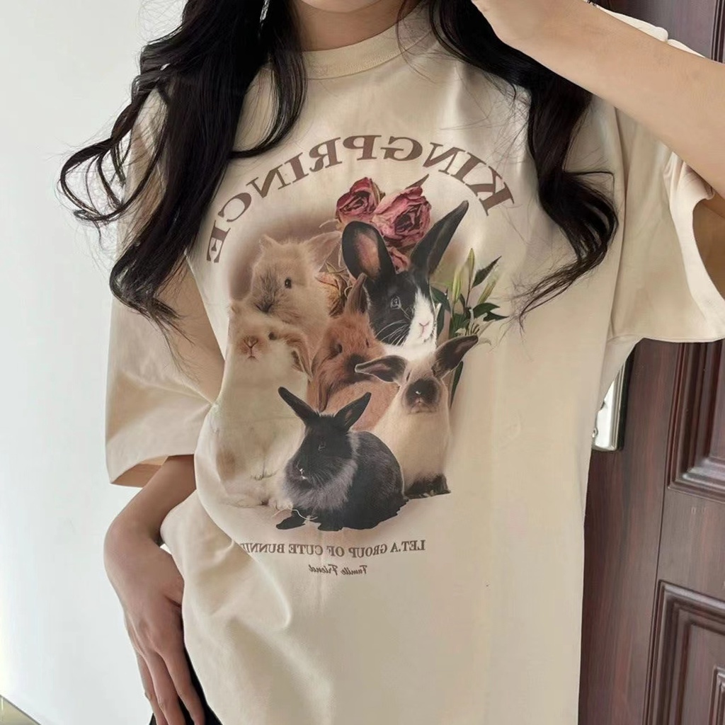 XIAOZHAINV Kaos Atasan Wanita Rabbit  Pattern Lengan Pendek 0044