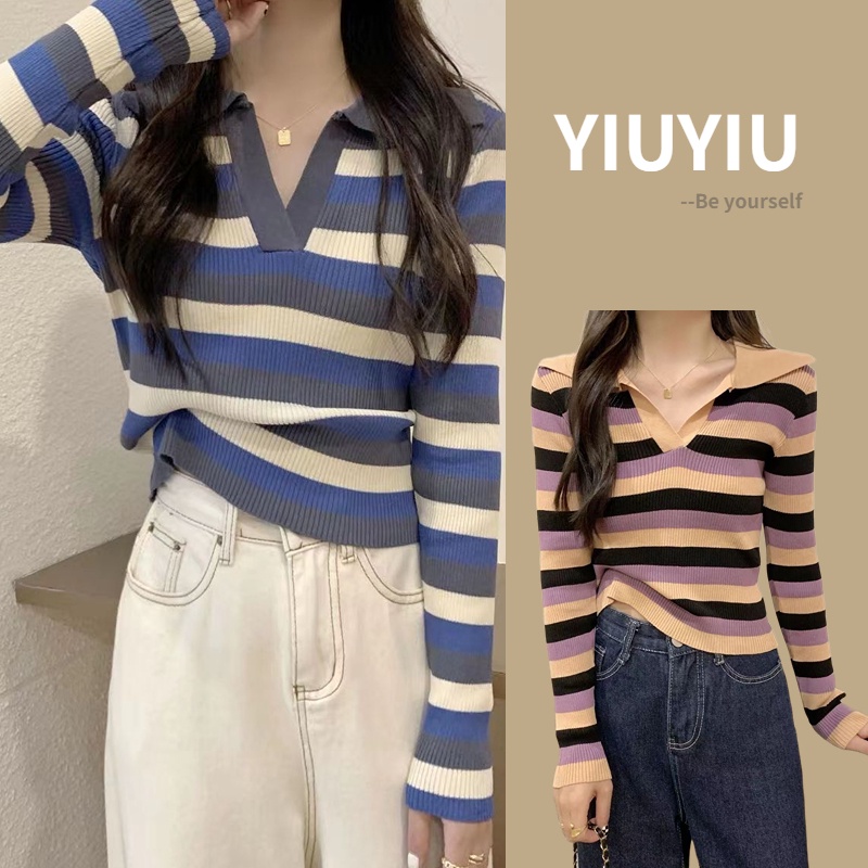 YIU YIU Rajut - Atasan Knit Wanita Lengan Panjang Korean Style V-neck Inner Stripe Top