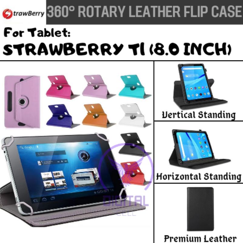 STRAWBERRY T1 T 1 TABLET TAB 8 8" 8.0 INCH ROTARY CASE LEATHER FLIP CASE BOOK COVER CASING 360 SARUN