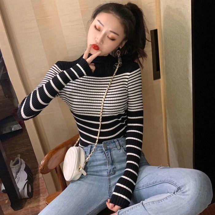 Musim Gugur Retro Bergaris Warna Kontras Kerah Tinggi Pullover All-Match Lengan Panjang Sweter Rajutan Wanita Slim Slim bottoming Kemeja Trendi
