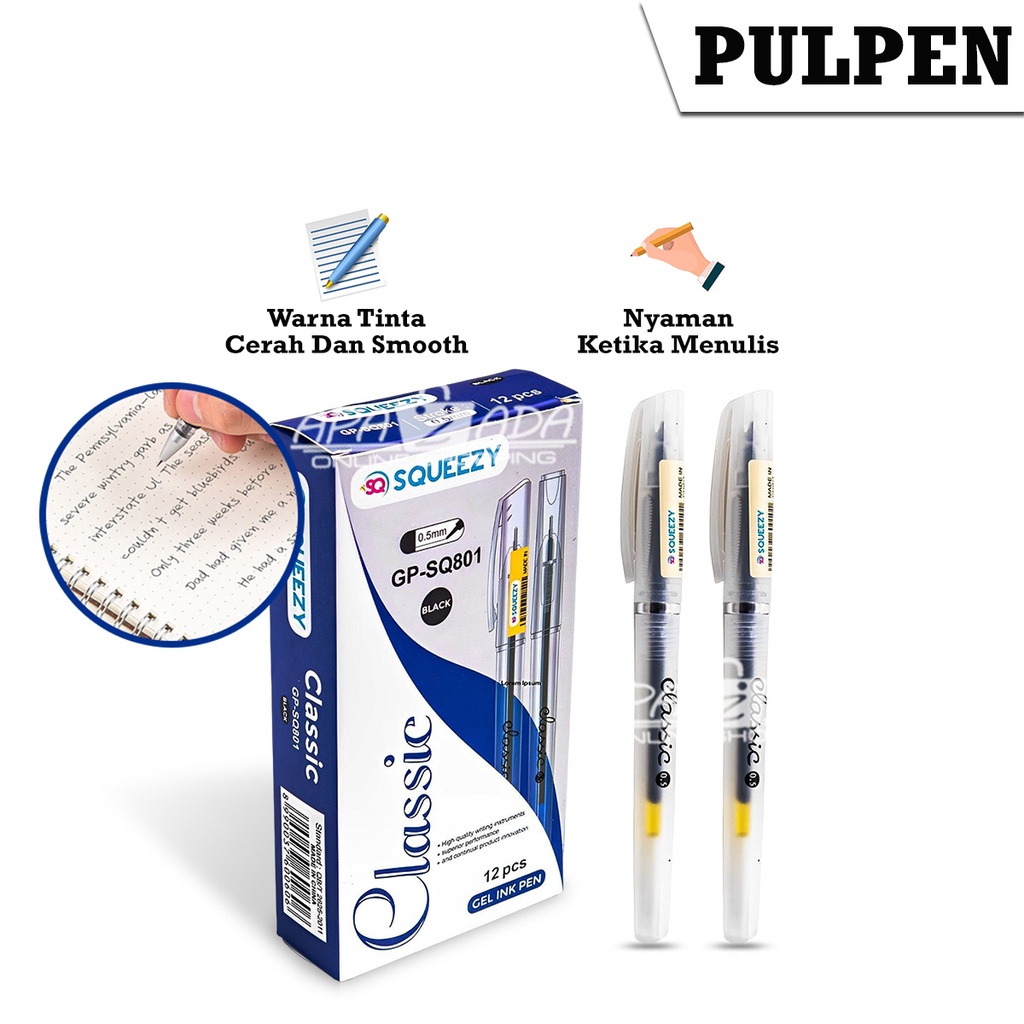 

Apazada - Gel Pen / Pulpen Gel 0.5mm Tinta Hitam Isi 12 Pcs / Pena Gel Classic GP-SQ801