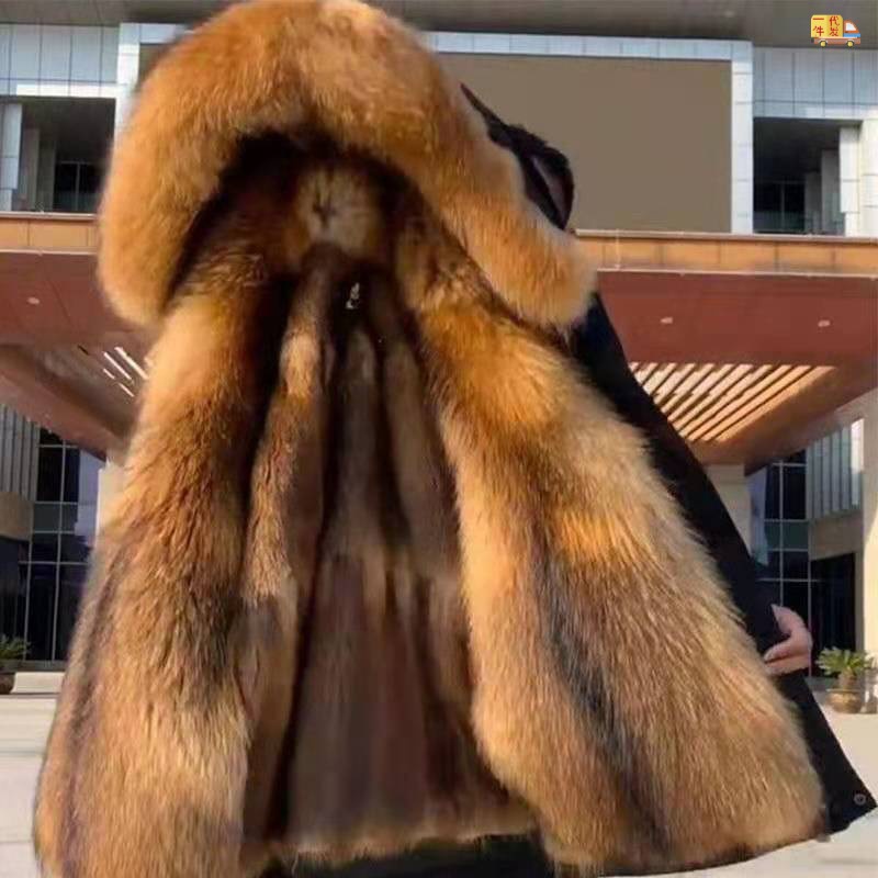 Pria Jaket Haining Fox Bulu Rakun Bulu Terintegrasi Panjang Mantel 2022  Jaket Mantel Tebal