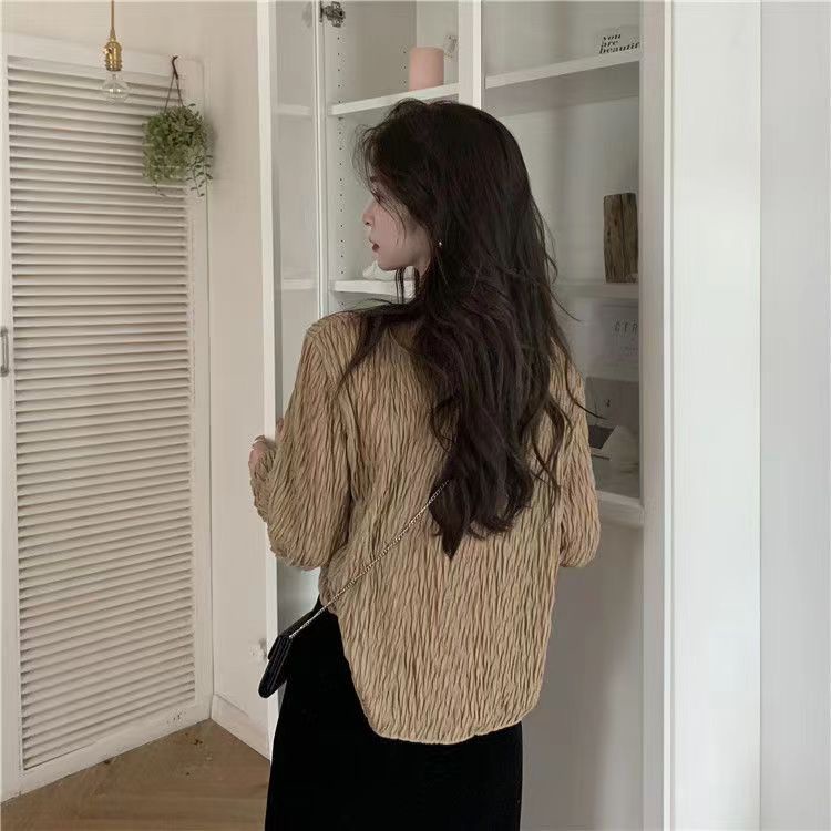 Kemeja Crinkle Korean Style V-neck Cardigan Crop Rajut Lengan Panjang