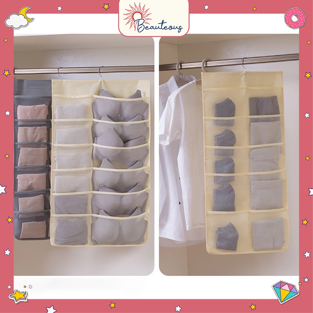 Gantungan Tempat Penyimpanan Pouch Organizer Jilbab Kaos Kaki Pakaian Dalam Bra