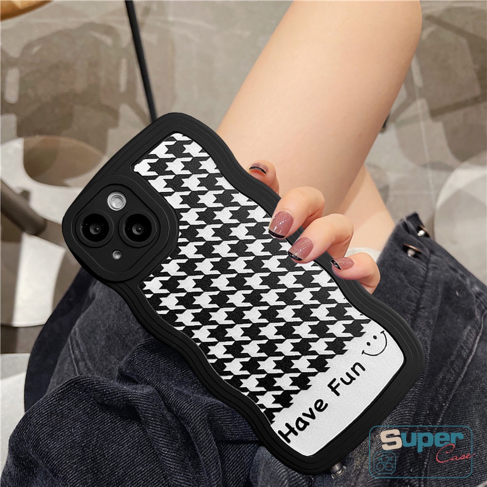 Ins Trend Casing Ponsel Motif Houndstooth Untuk Realme C55 C35 C15 C21Y C12 C11 C25s C25 C25Y 5 5s 6i 5i C3 C1 C20A C20 C11 2021 C20A Smiley Lucu Hitam Bergelombang Edge Case