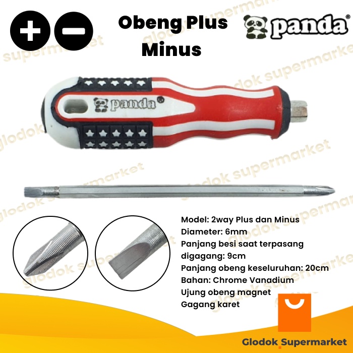 Obeng Bolak Balik Panda Gagang Karet Panjang Besi 9cm Diameter 6mm Plus Minus Magnet 2 Way