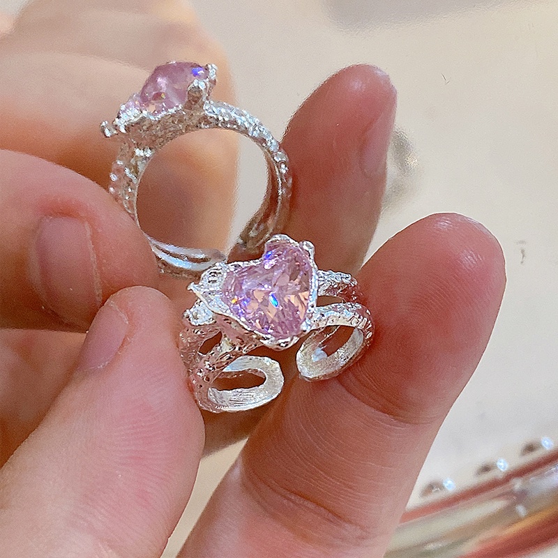 AY(CN) Korea Manis Bersinar Merah Muda Hati Malaikat Cincin Untuk Wanita Batu Permata Jari Cincin Fashion Perhiasan Aksesoris