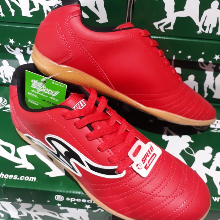 sepatu futsal merah merk speed original la liga tropi(Y3L5) Sepatu Futsal Dewasa Pria Paket Lengkap 