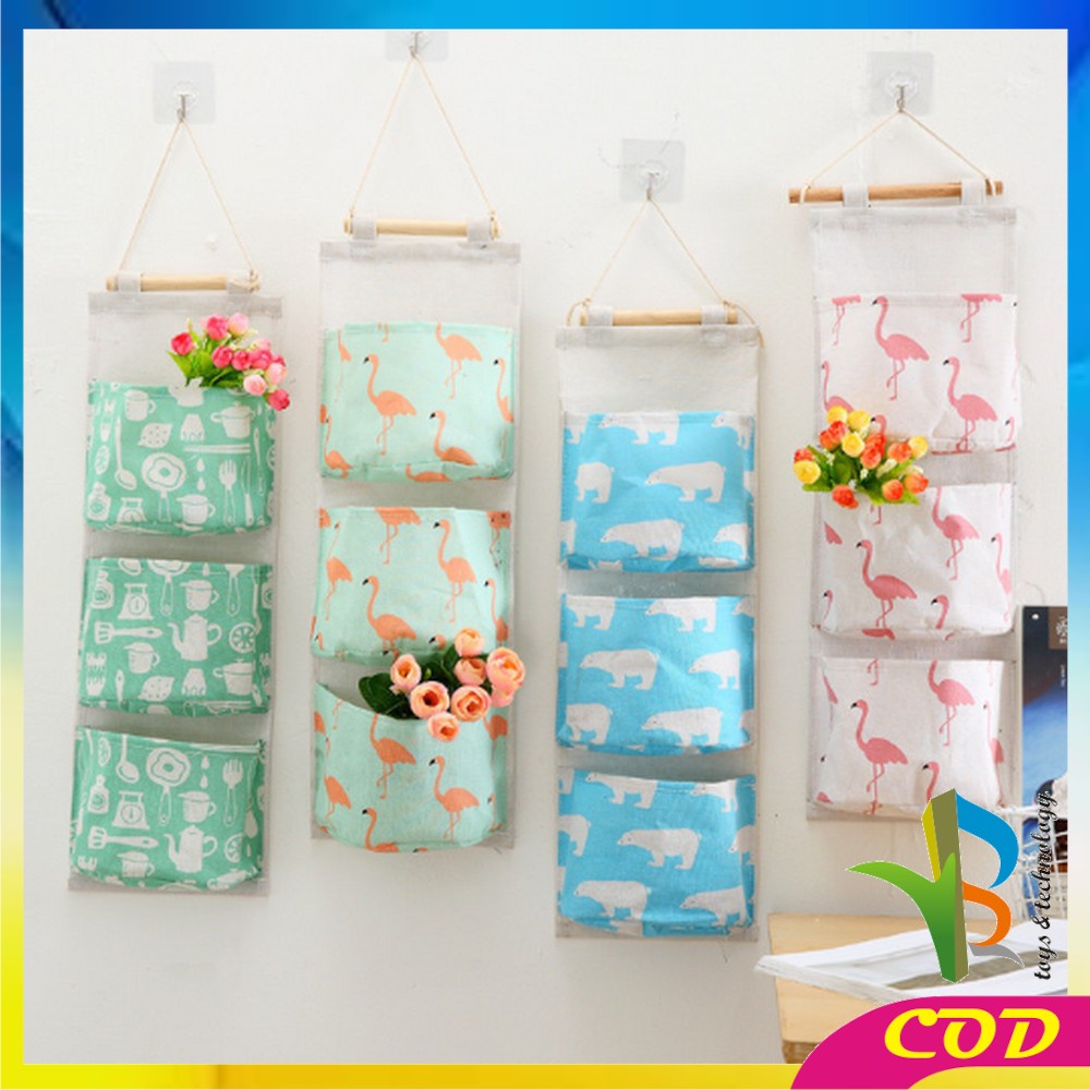 RB-C733 Pouch Gantung 3 Sekat Multifungsi Bahan Kain Kanvas Motif Korean Style / Rak Gantung Organizer / Pocket Storage Bag Canvas Serbaguna