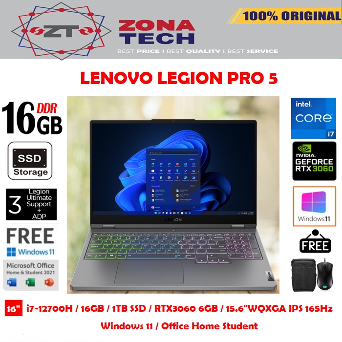 LENOVO LEGION 5i PRO 5NID - i7-12700H - 16GB - 1TB SSD - NVIDIA RTX3060 6GB - 16&quot;WQXGA IPS 165Hz - WIN11 - OHS