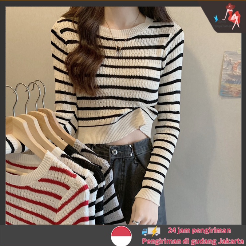 Crewneck Sweater Rajut Stripe Wanita Lengan Panjang