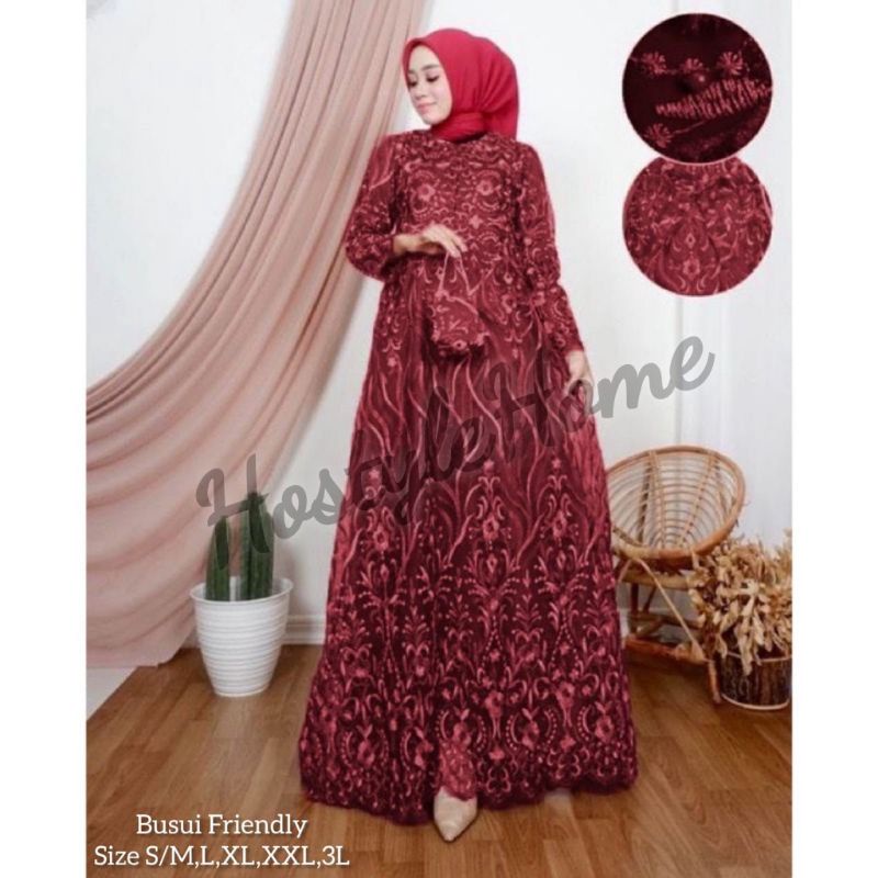 (NEW) LESTYA - BAJU DRESS GAMIS FULL BRUKAT BROKAT BUSUI FREE MASKER TALI OBI WANITA MUSLIM UKURAN S