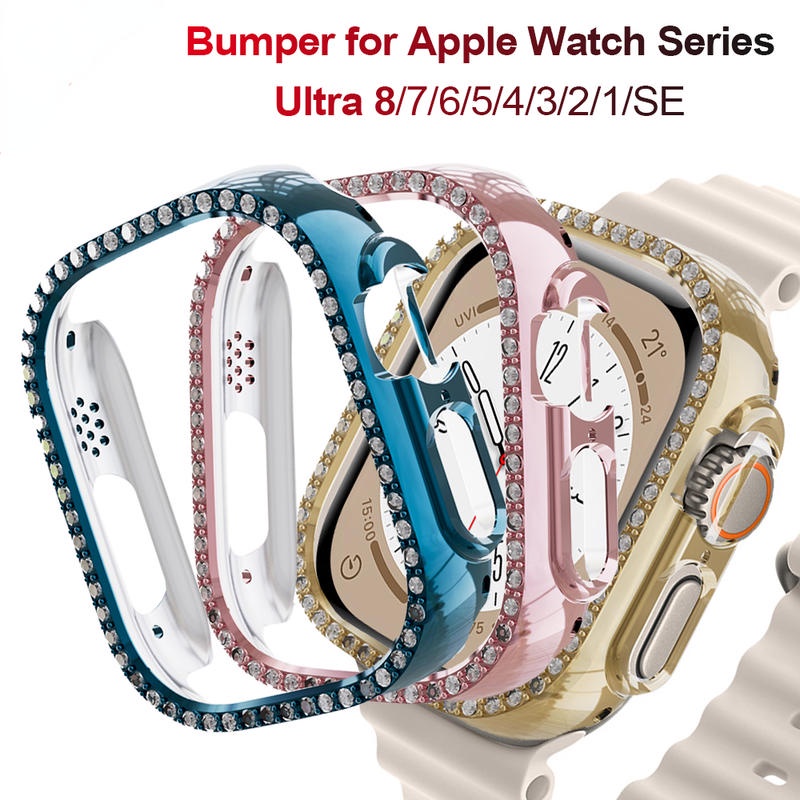 Case Bumper Pelindung Bahan PC Hias Berlian Bling Untuk Apple Watch Seri 8 7 6 5 4 3 2 1 SE SE2 45mm 41mm 42mm 40mm 38mm