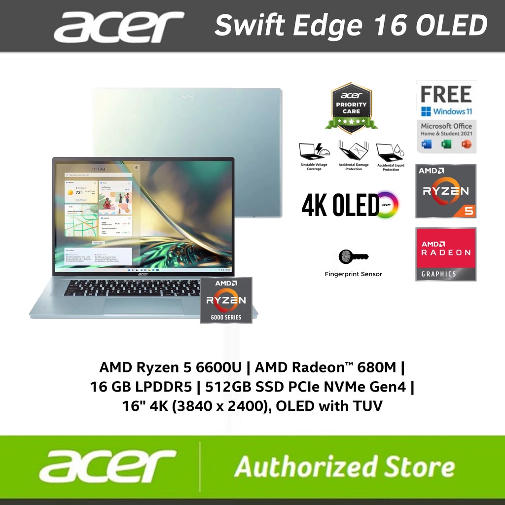 ACER Swift Edge SFA16-41 - RYZEN 5-6600U DDR5 16GB SSD 512GB 16&quot; 4K OLED W11 OHS