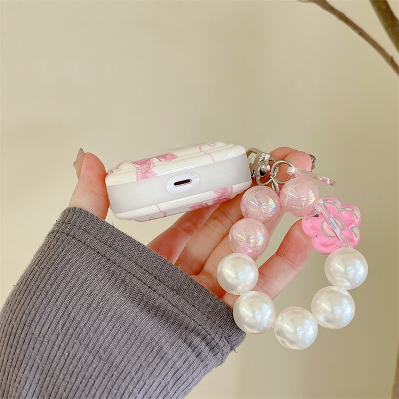 Pink Bow White Softcase with Pearl Chain for Airpods 1 2 Pro 3 Case Airpods Lucu