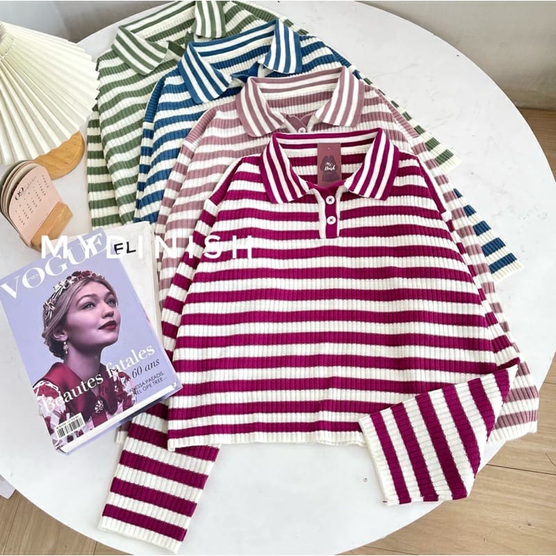 [BISA COD] Freya Crop Blouse / Atasan Blouse Wanita Berkerah Polo Motif Stripe / Freya Polo Oversize