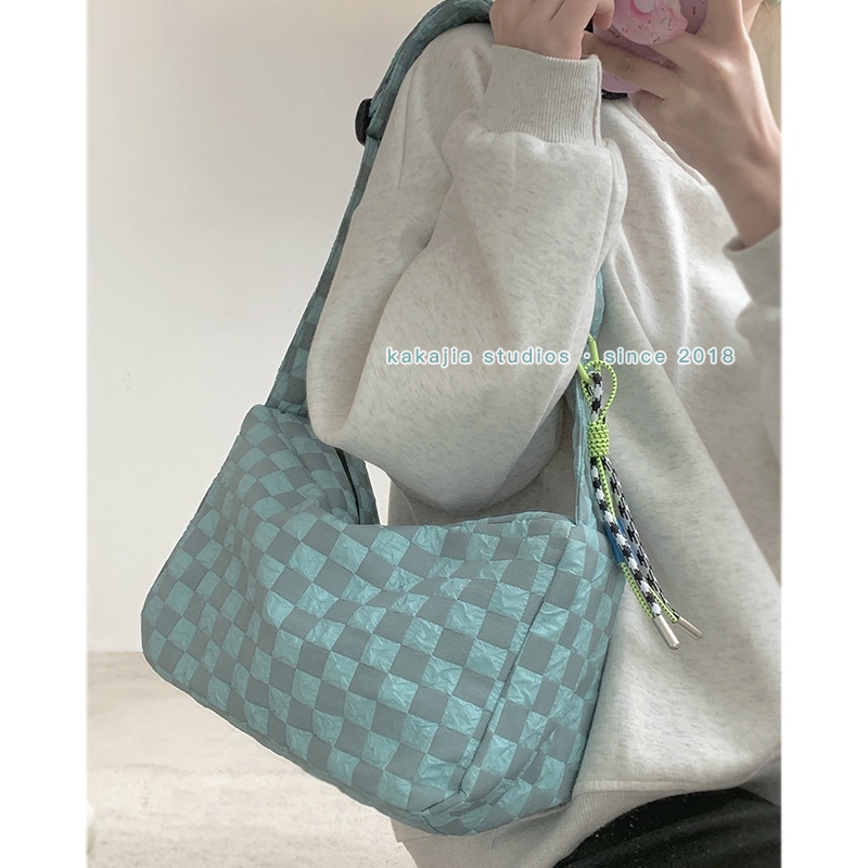 Suhao tas messenger olahraga wanita musim panas 2022 baru trendi fashion kotak-kotak tas kanvas all-match in one-shoulder messenger bag