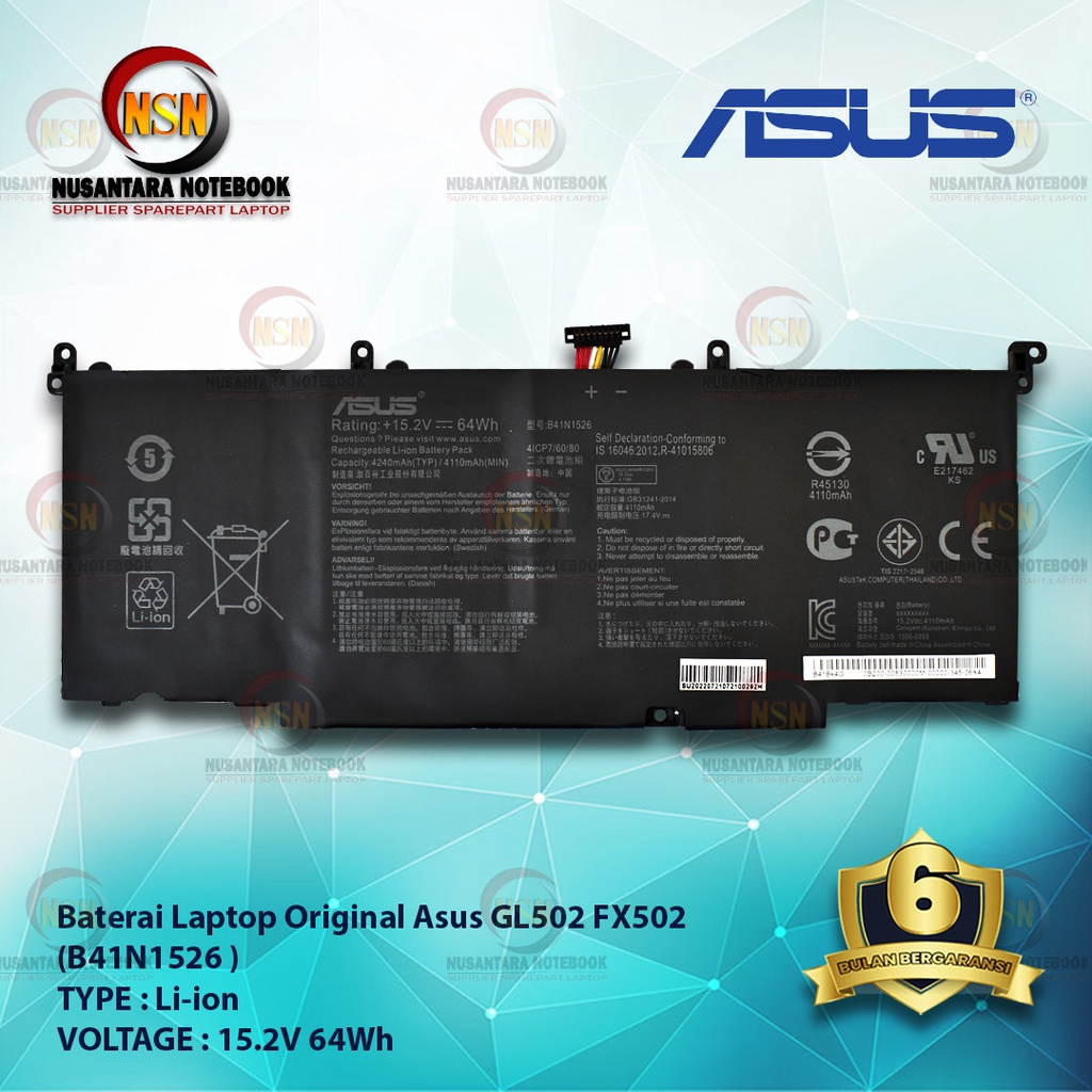 Baterai Original Laptop Asus For GL502 FX502 B41N1526 15.2V 64Wh