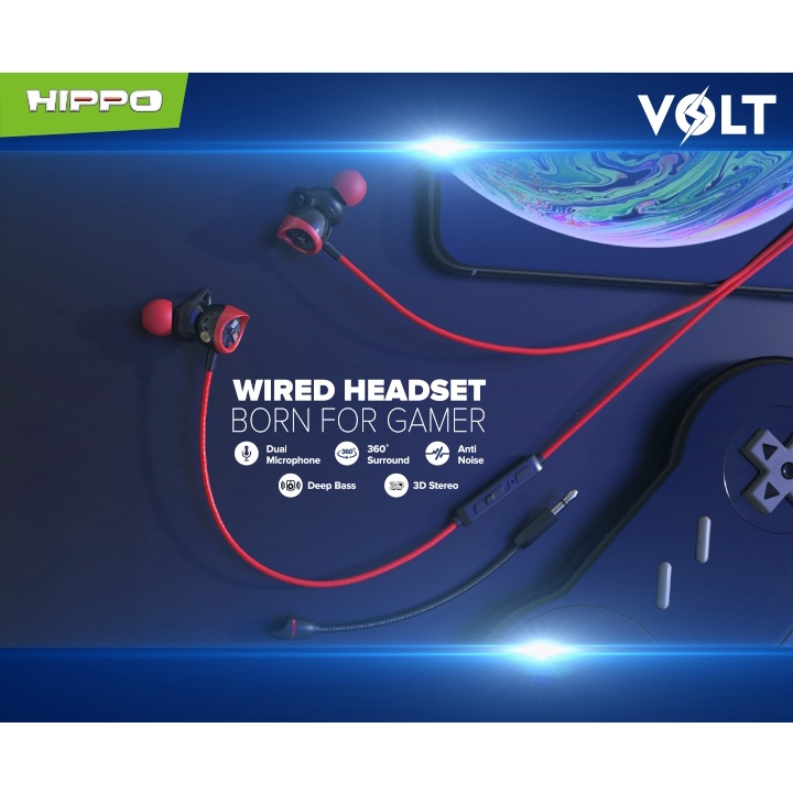 Hippo Headset Gaming Volt Super Bass Jack 3.5mm Wired Handsfree Android Original Earbuds Earphone