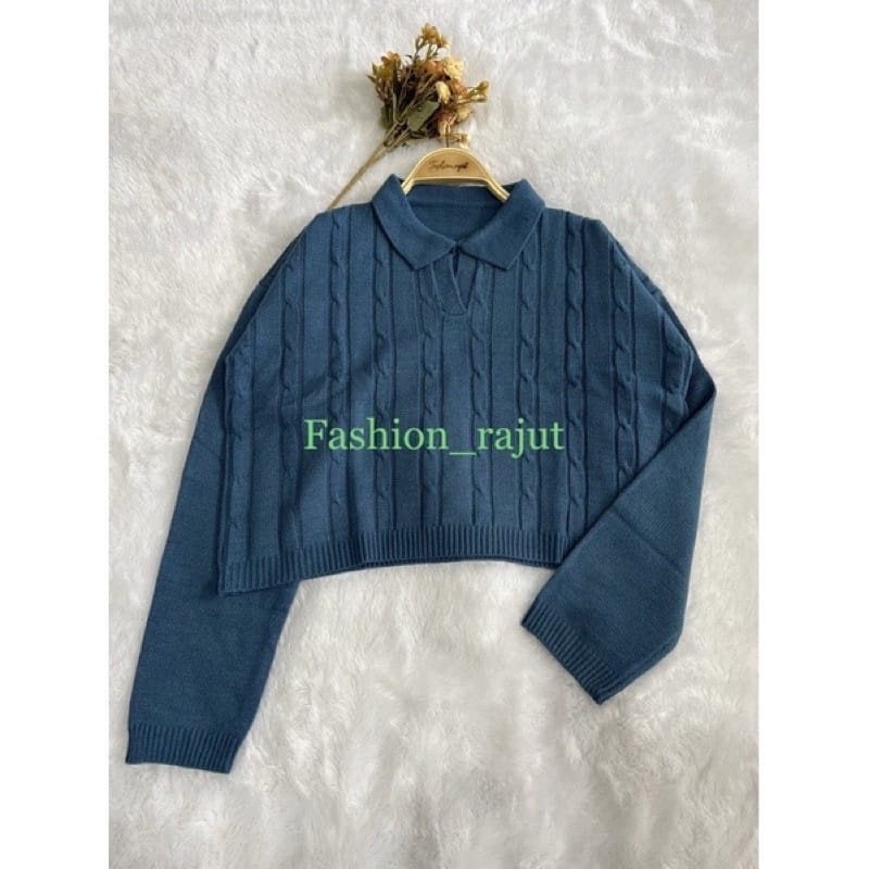 Vania Crop Cable blouse rajut / atasan polo berkerah / KNITWEAR PREMIUM