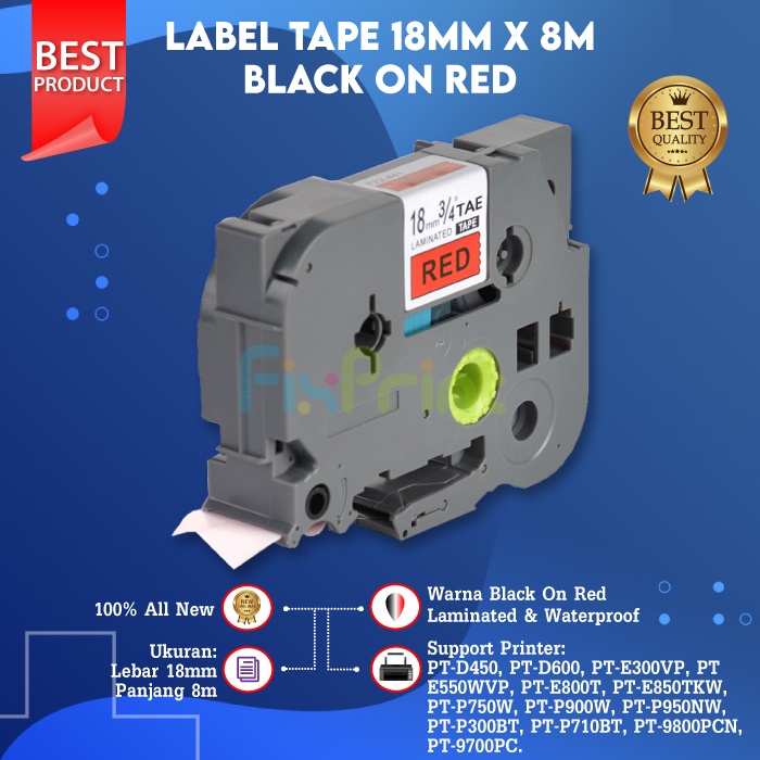 Label Cassette Printer Bro PT-D450 PT-E300VP PT-E800T, Tape Laminated TZE-441 18mm X 8m Black On Red